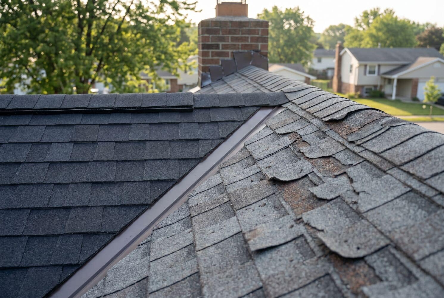 Close-up comparison of new vs damaged asphalt shingles on a Mid-Missouri residential roof