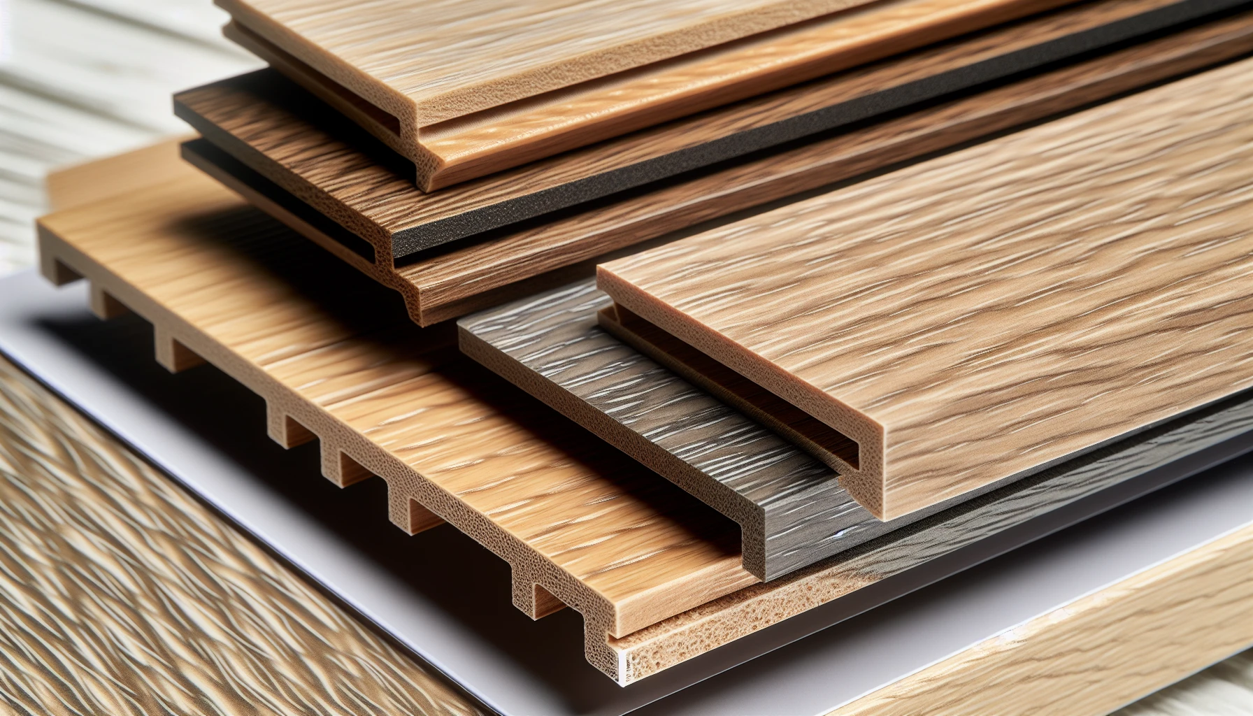 Wood-look composite decking samples