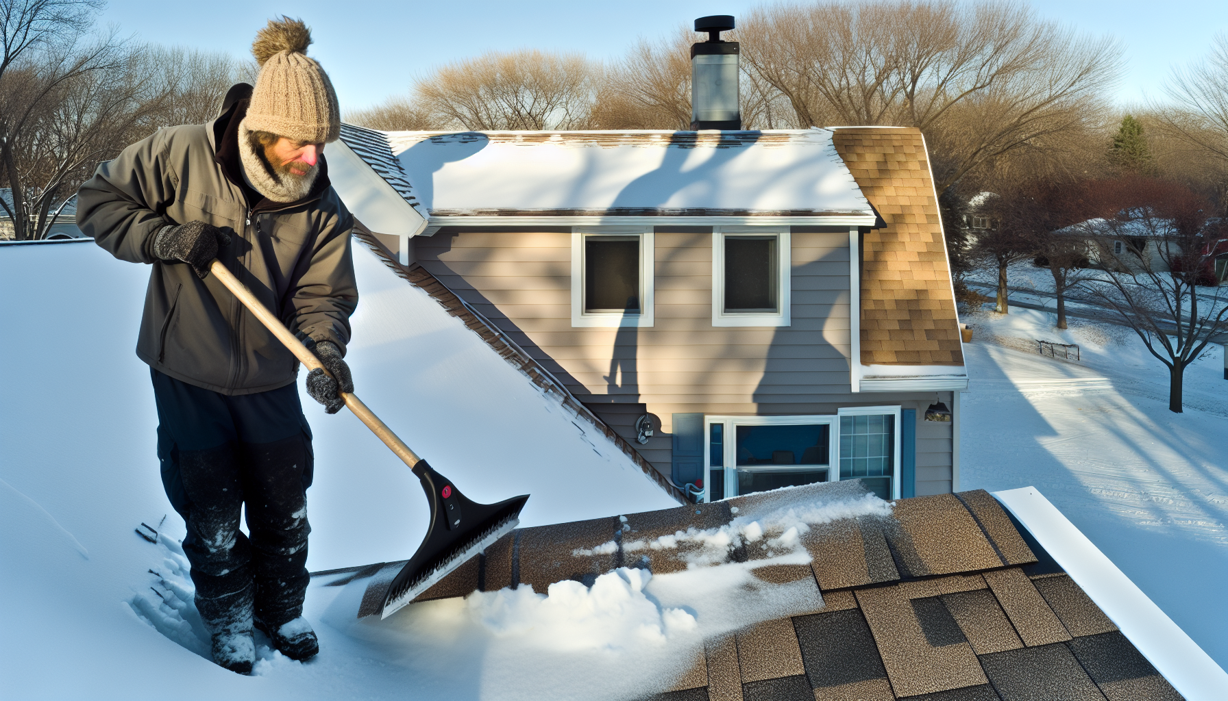 Photo of using a roof rake to remove ice dams