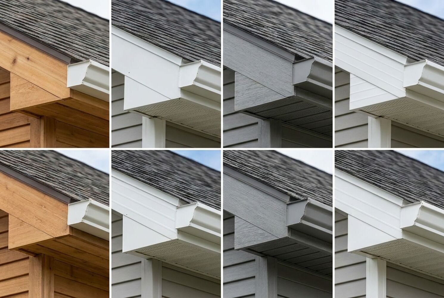 Side-by-side comparison of fascia board materials showing wood, aluminum wrap, composite, and vinyl installed on residential eaves