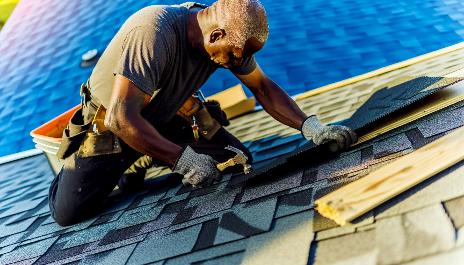 Skilled roofer beginning the shingling process