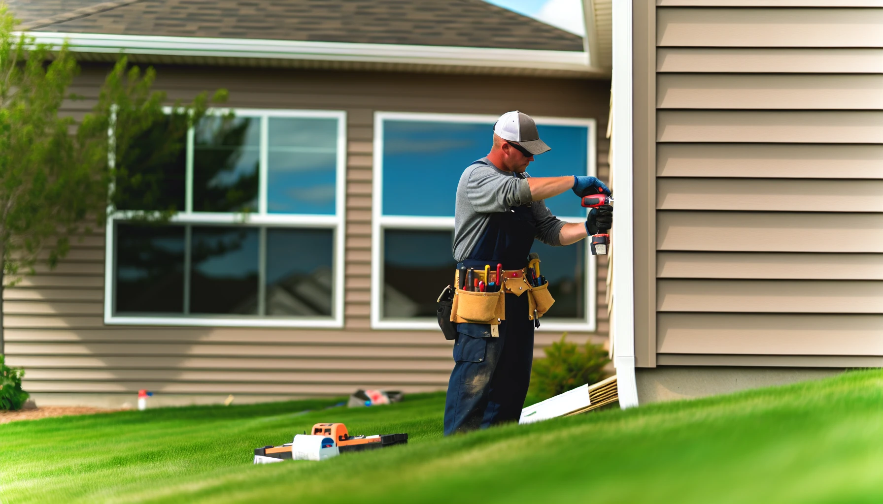 Contractor using a level while installing vinyl siding