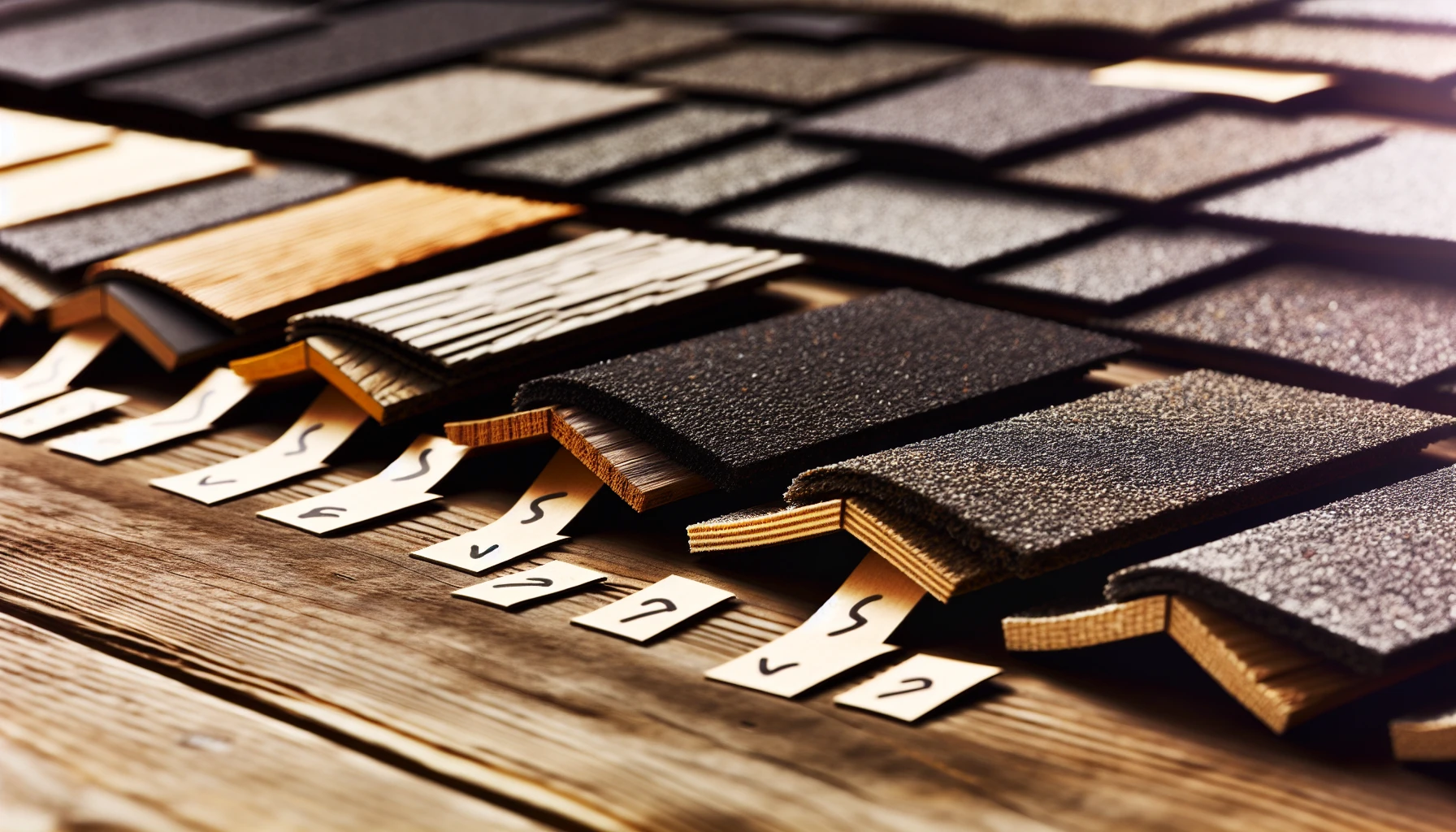 Different types of roof shingles displayed in a row