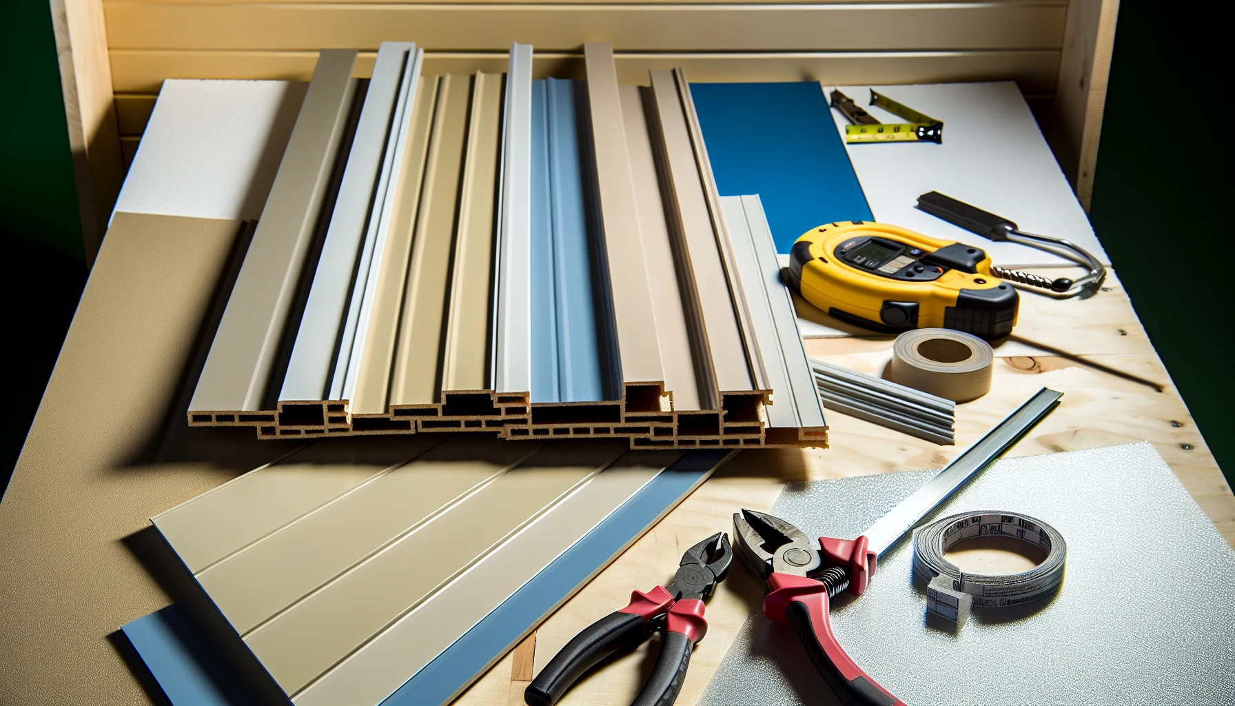 Variety of vinyl siding panels and tools for installation