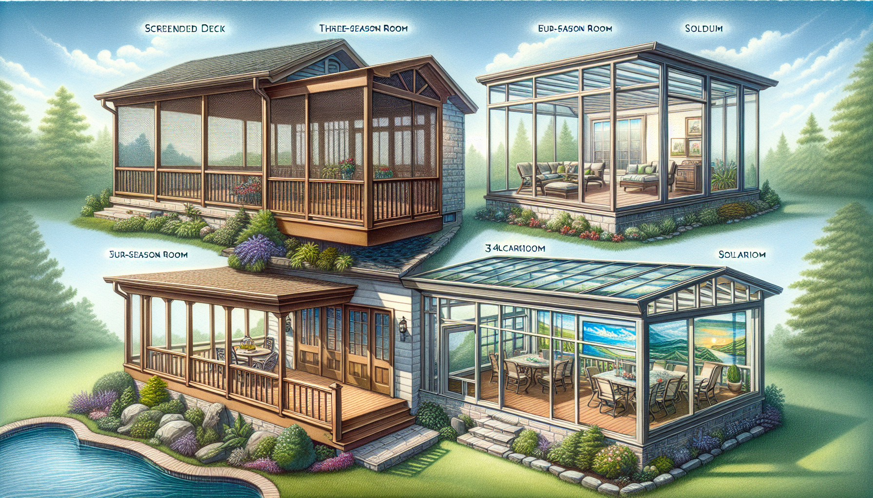 Deck Enclosure Types and Styles: Illustration of various deck enclosure options including screened-in decks, three-season rooms, four-season rooms, and solariums.