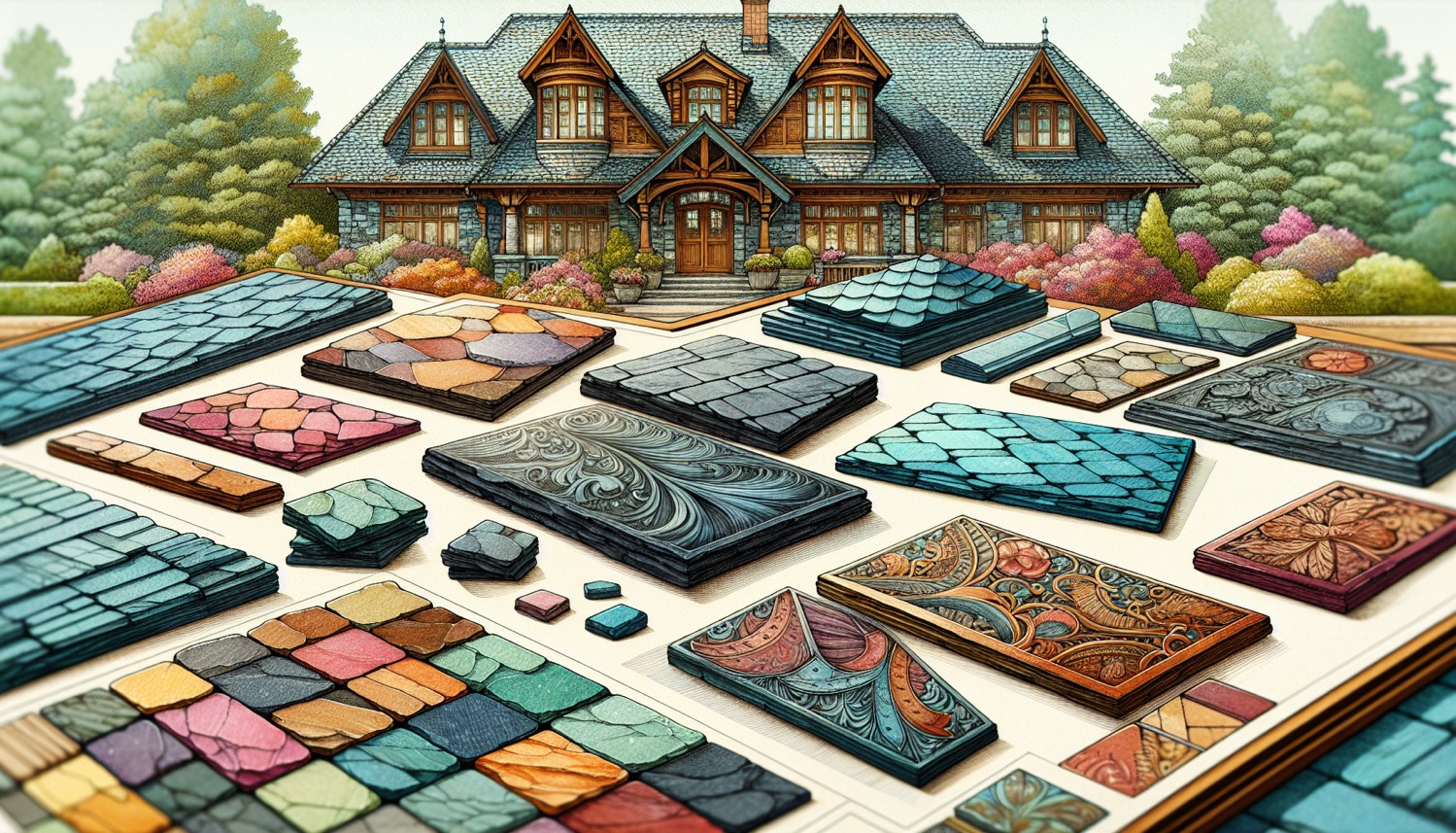 An illustration showing different types of slate roofing materials.