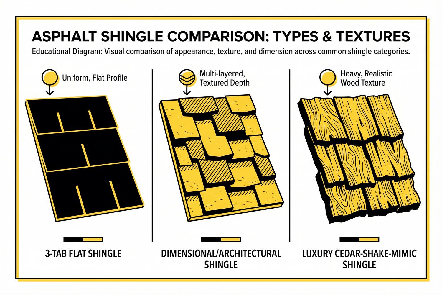 Three types of asphalt shingles illustrated: 3-tab flat basic, dimensional textured layered, and luxury cedar-shake appearance. Comparison of appearance and durability for Jefferson City MO homeowners.