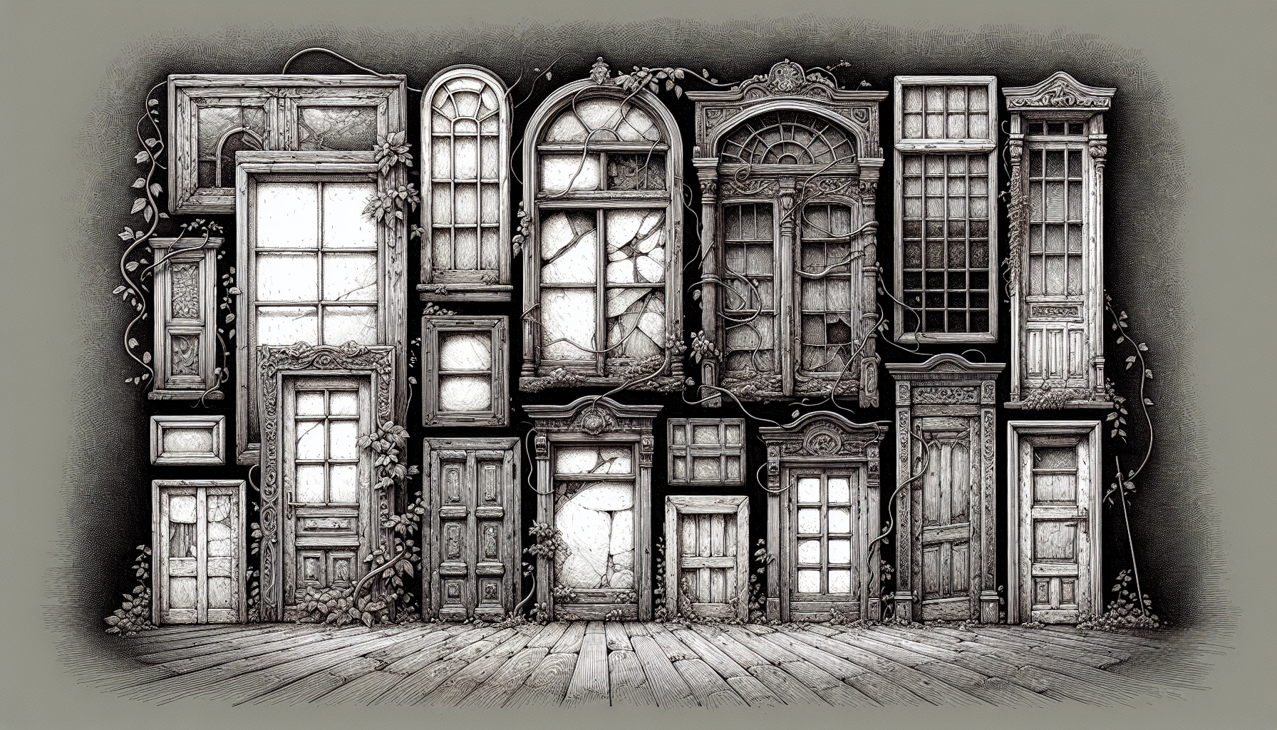 A detailed illustration showing various types of old window frames that need assessment.