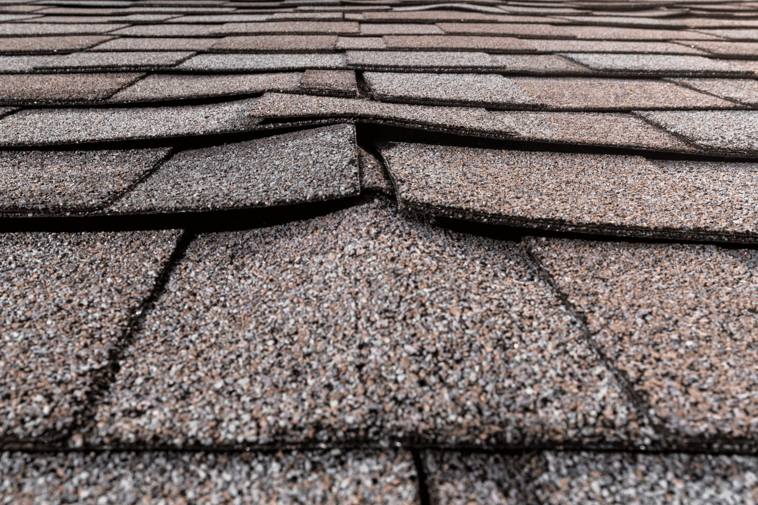 An illustration showing various roof shingles with some exhibiting shingle buckling. 