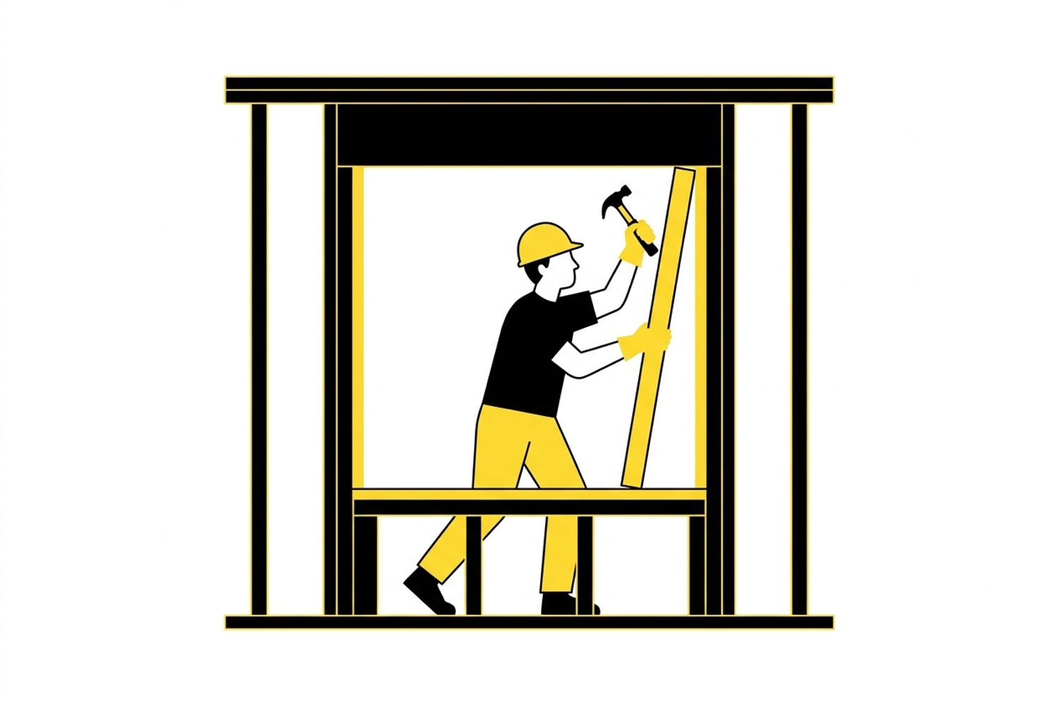 Illustrated cross-section of a framed window opening showing header, jack studs, king studs, and rough sill in a residential wall