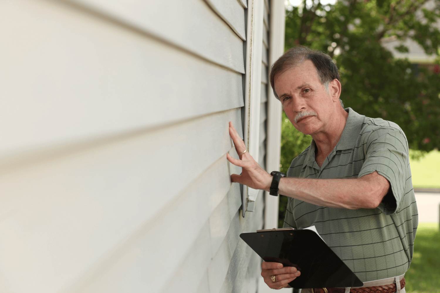 A homeowner inspecting vinyl siding for woodpecker damage. 