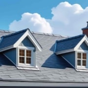 Modern gabled roof with chimneys and dormer windows against a cloudy blue sky