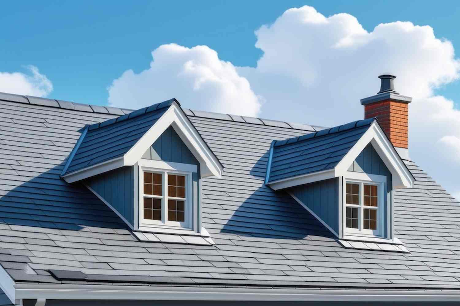 Modern gabled roof with chimneys and dormer windows against a cloudy blue sky