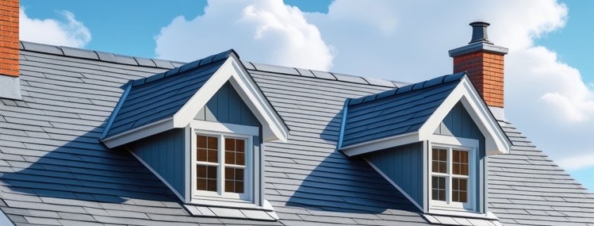 Modern gabled roof with chimneys and dormer windows against a cloudy blue sky