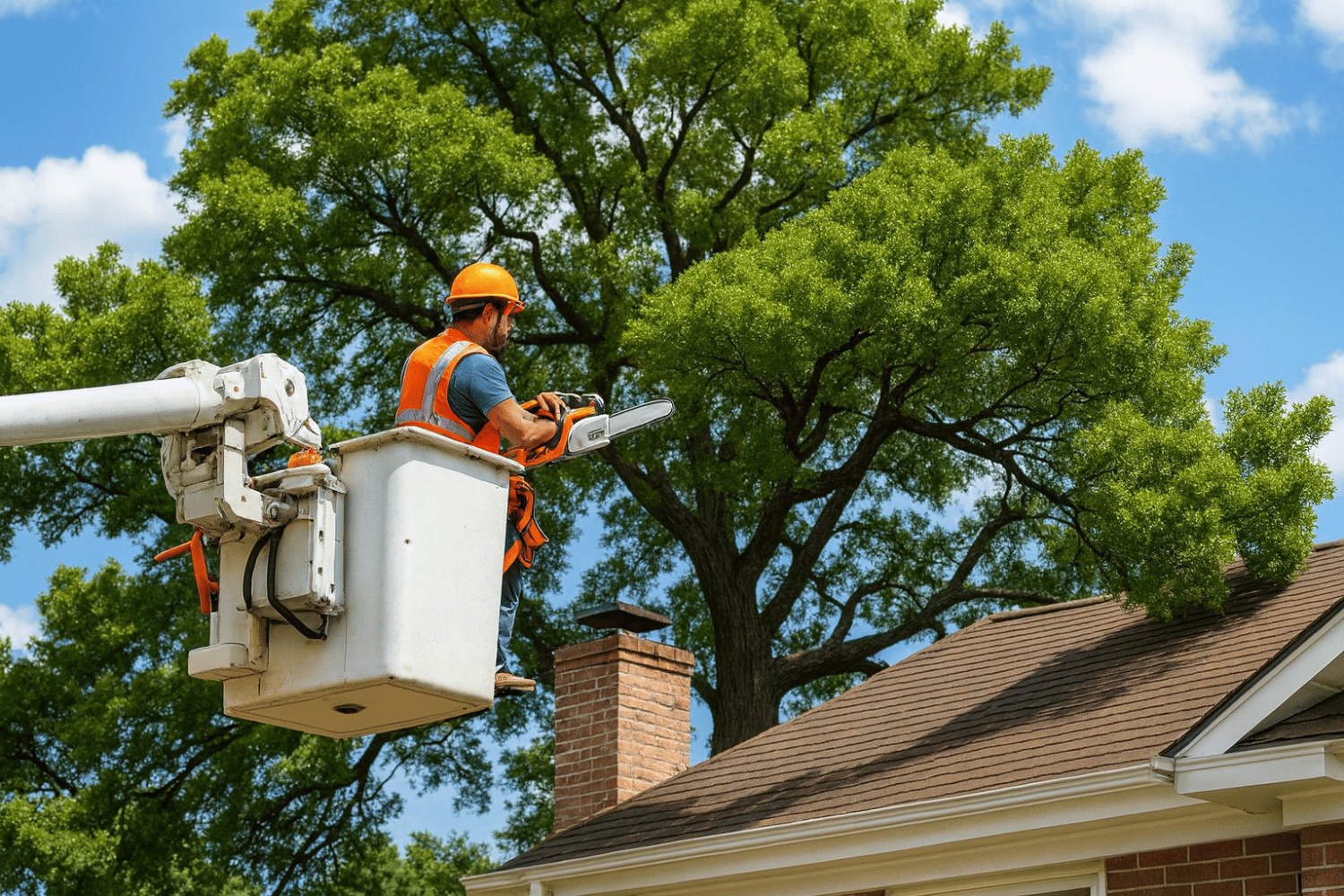 A tree service professional is trimming overhanging oak branches near a residential roof, ensuring the property is prepared for winter weather. This maintenance helps prevent ice dam formation and protects the roof's lifespan by reducing the risk of shingle damage from heavy snow and ice buildup.