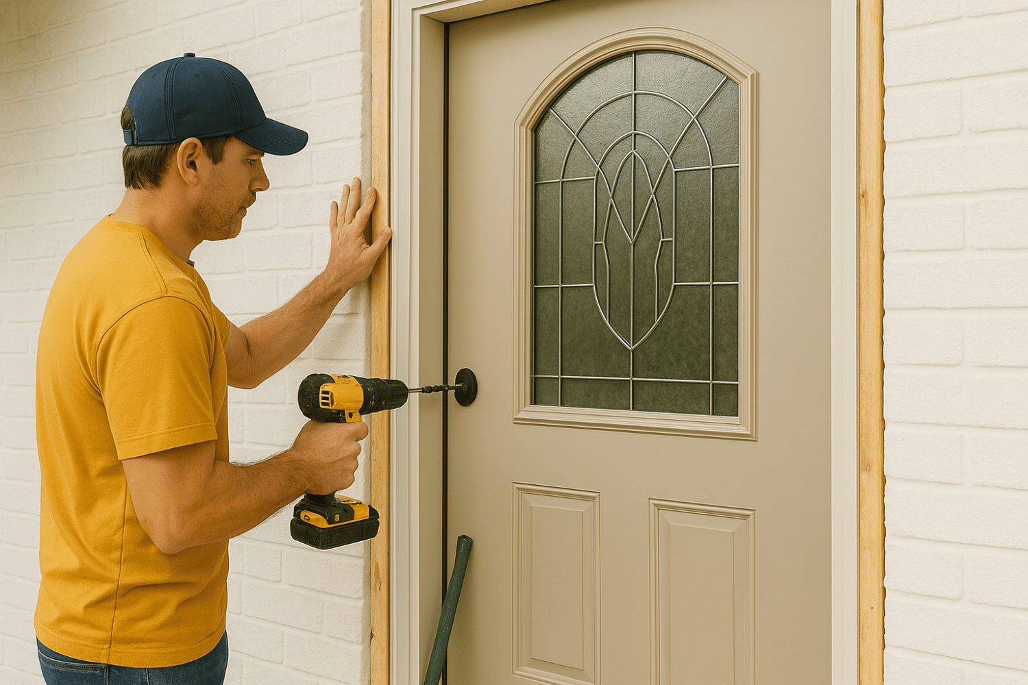 The image depicts a professional installation of a new exterior door, showcasing the proper tools and techniques used for door installation. The scene emphasizes the importance of selecting energy-efficient options, such as fiberglass or steel doors, to enhance the home's curb appeal and provide excellent insulation.