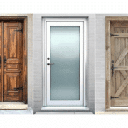 The image features a variety of exterior doors, showcasing traditional, modern, and rustic designs, including elegant French doors and sturdy steel doors. Each style highlights the aesthetic appeal and energy efficiency of new exterior doors, enhancing the home's curb appeal and outdoor spaces.