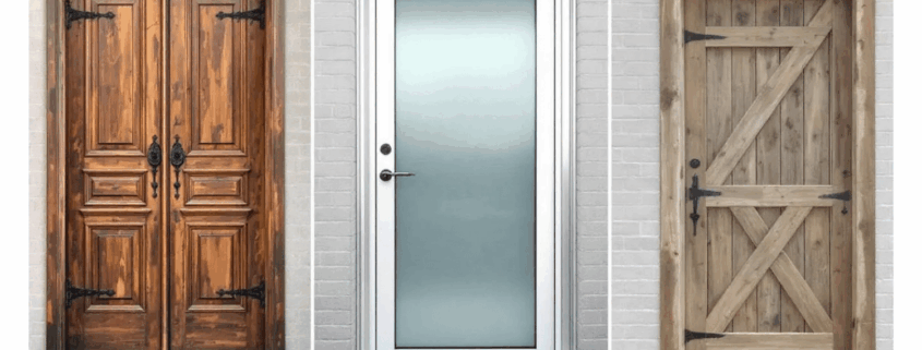 The image features a variety of exterior doors, showcasing traditional, modern, and rustic designs, including elegant French doors and sturdy steel doors. Each style highlights the aesthetic appeal and energy efficiency of new exterior doors, enhancing the home's curb appeal and outdoor spaces.