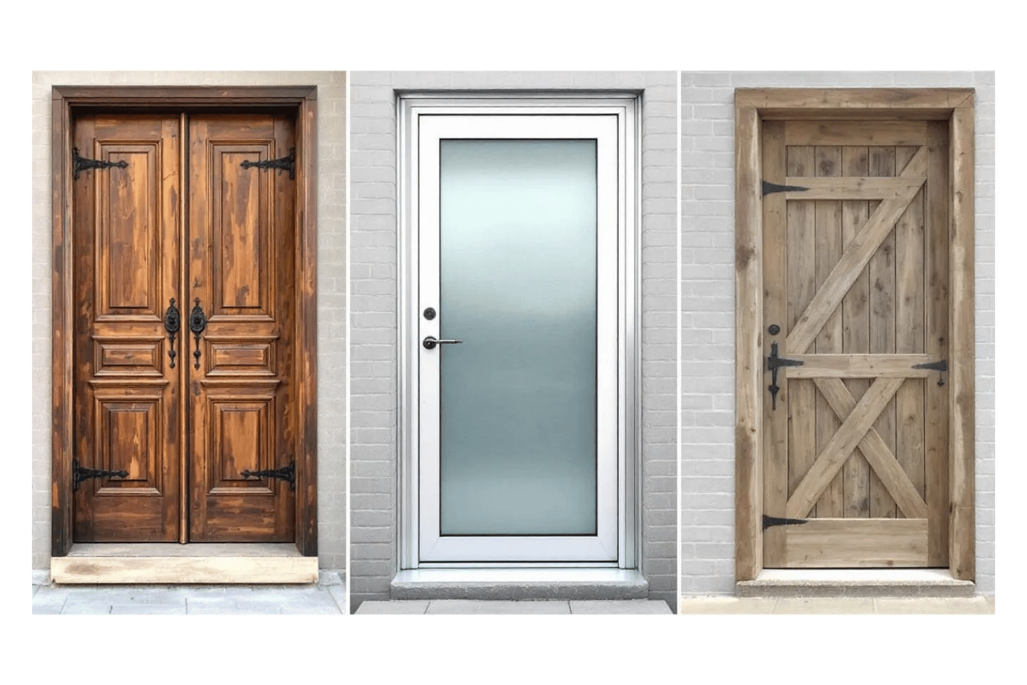 The image features a variety of exterior doors, showcasing traditional, modern, and rustic designs, including elegant French doors and sturdy steel doors. Each style highlights the aesthetic appeal and energy efficiency of new exterior doors, enhancing the home's curb appeal and outdoor spaces.