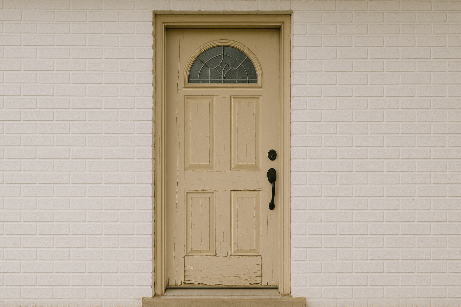 The image shows an exterior door with visible damage, including cracks and warping, indicating it needs replacement. This damaged entry door could compromise the home's energy efficiency and curb appeal, making it essential for homeowners to consider new exterior doors for improved security and aesthetics.
