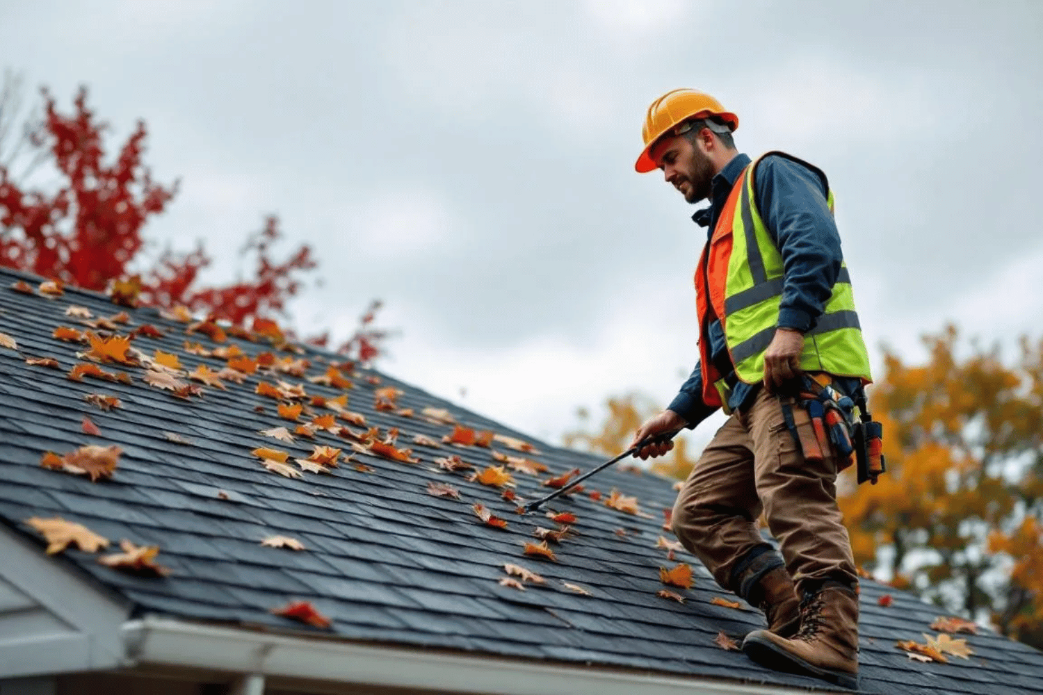 A professional roofer is inspecting the asphalt shingles on a Missouri home, with colorful fall leaves scattered around the ground. This thorough inspection is essential for roof maintenance, ensuring the roof is ready to withstand winter weather and prevent ice dams as colder months approach.