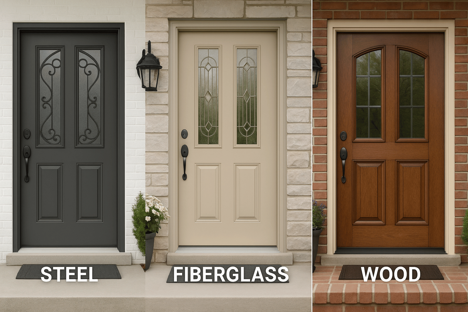 The image shows a side-by-side comparison of different exterior door materials, featuring steel, fiberglass, and wood doors. Each door highlights the unique aesthetic appeal and energy efficiency of its material, offering homeowners insight into options for enhancing their home's curb appeal and security.