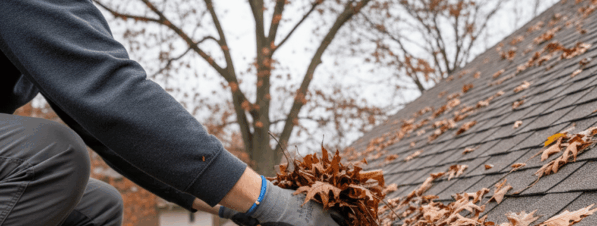 A person is seen using their hands to remove autumn leaves from a residential gutter system, ensuring that the gutters are clear to prevent ice dams and water backing up during the winter months. This roof maintenance task is essential for Missouri homeowners to prepare their roofs for the harsh winter weather ahead.