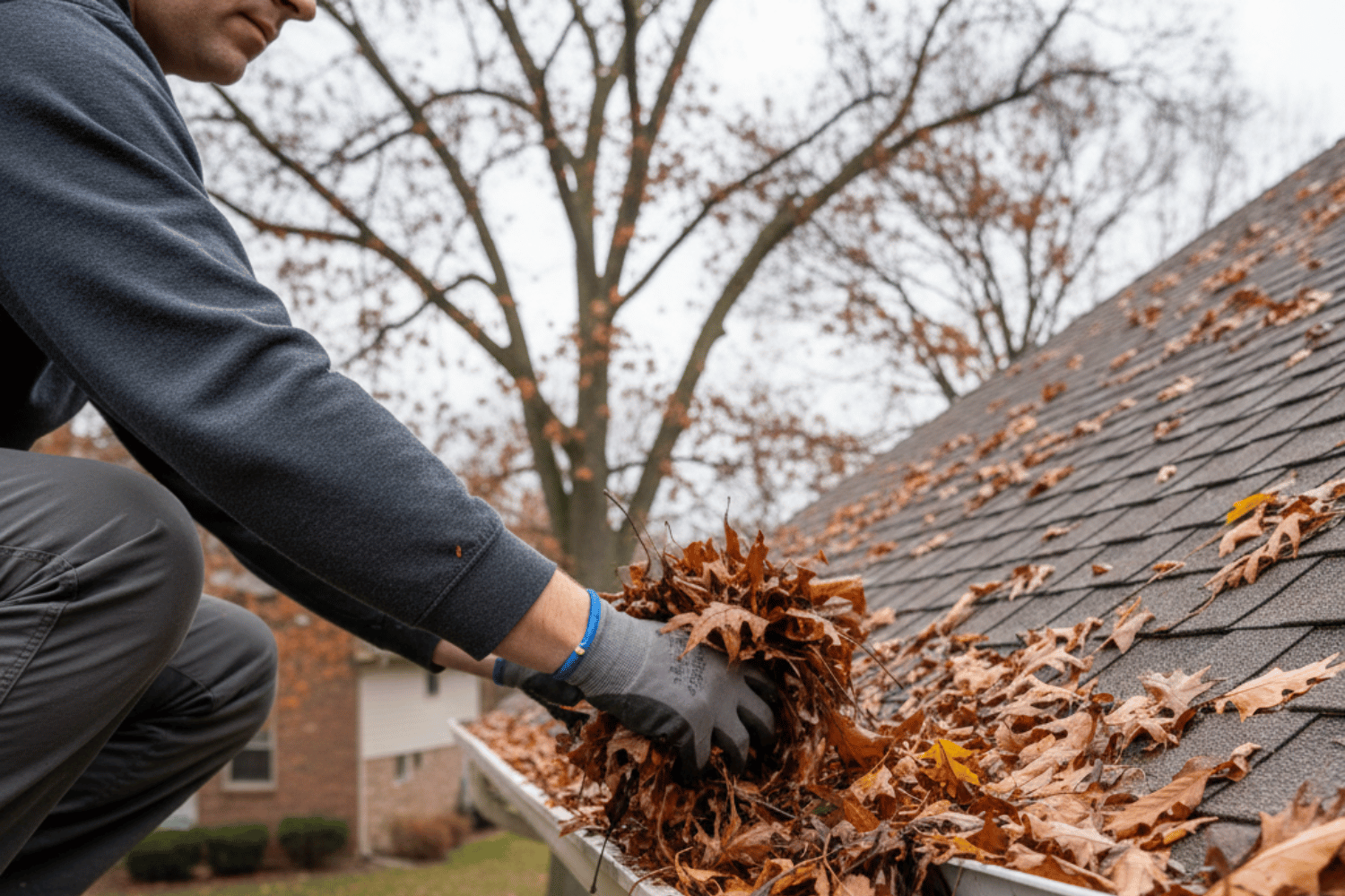 A person is seen using their hands to remove autumn leaves from a residential gutter system, ensuring that the gutters are clear to prevent ice dams and water backing up during the winter months. This roof maintenance task is essential for Missouri homeowners to prepare their roofs for the harsh winter weather ahead.