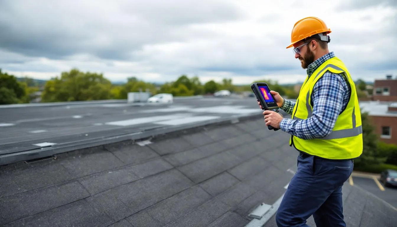 A professional roof inspector is using thermal imaging equipment to identify moisture issues on a roof, highlighting the importance of regular roof inspections to prevent costly repairs and maintain the roof's condition. The inspector is dressed in rubber boots and appears focused on detecting potential problems that could lead to roof leaks or damage.