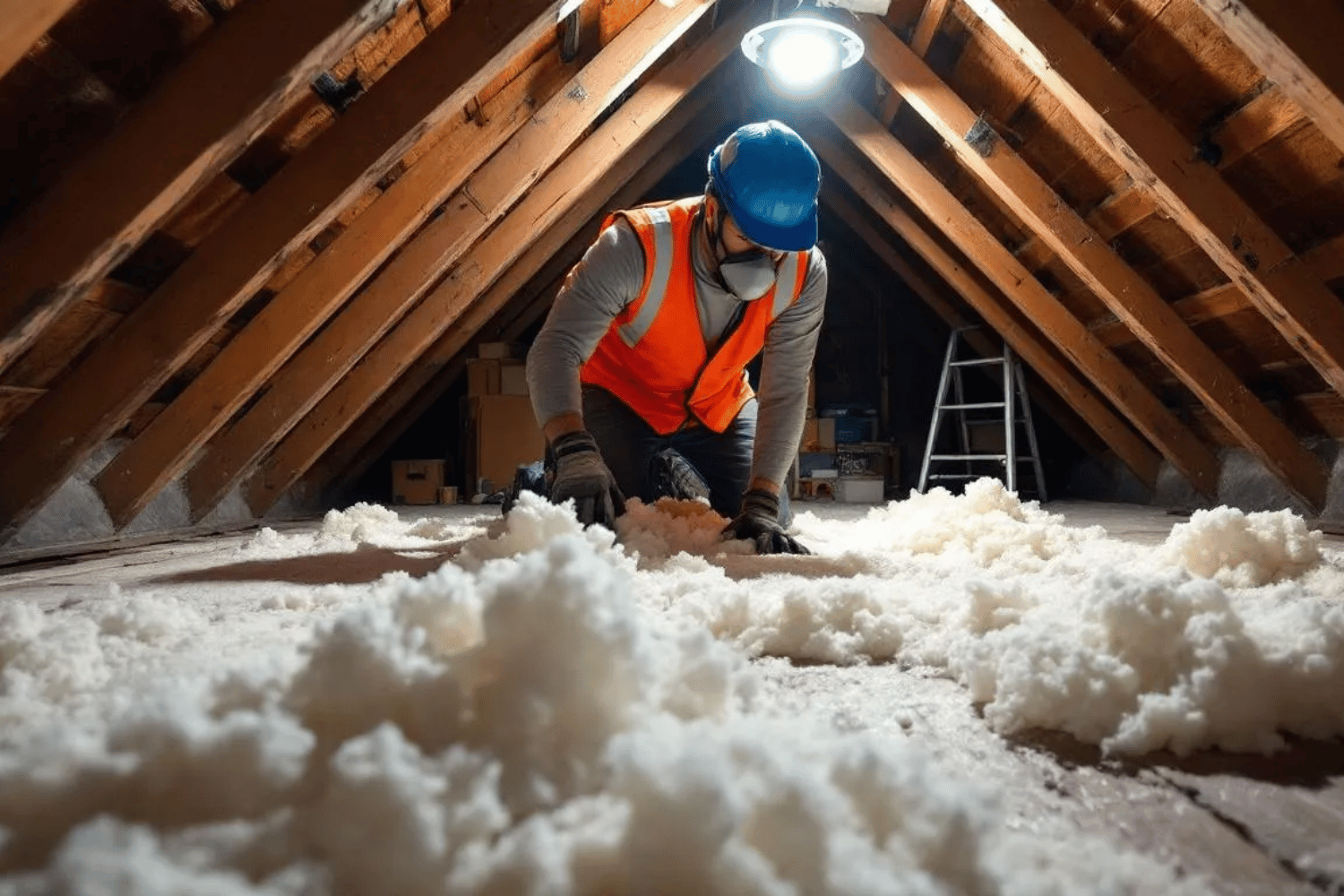 A worker is installing insulation batts in an attic space, ensuring proper attic insulation to maintain a consistent temperature and prevent ice dam formation during the winter months. This essential step in roof maintenance helps Missouri homeowners prepare their roofs for the harsh winter weather ahead.