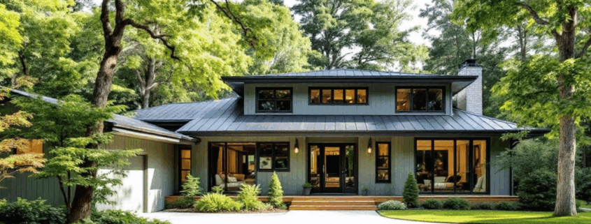 A beautiful home featuring sophisticated sage green vinyl siding is surrounded by mature trees, showcasing a harmonious blend of earthy tones and natural wood accents. The home's exterior exudes curb appeal with its light trim that complements the rich hues of the siding, creating a timeless and inviting atmosphere.
