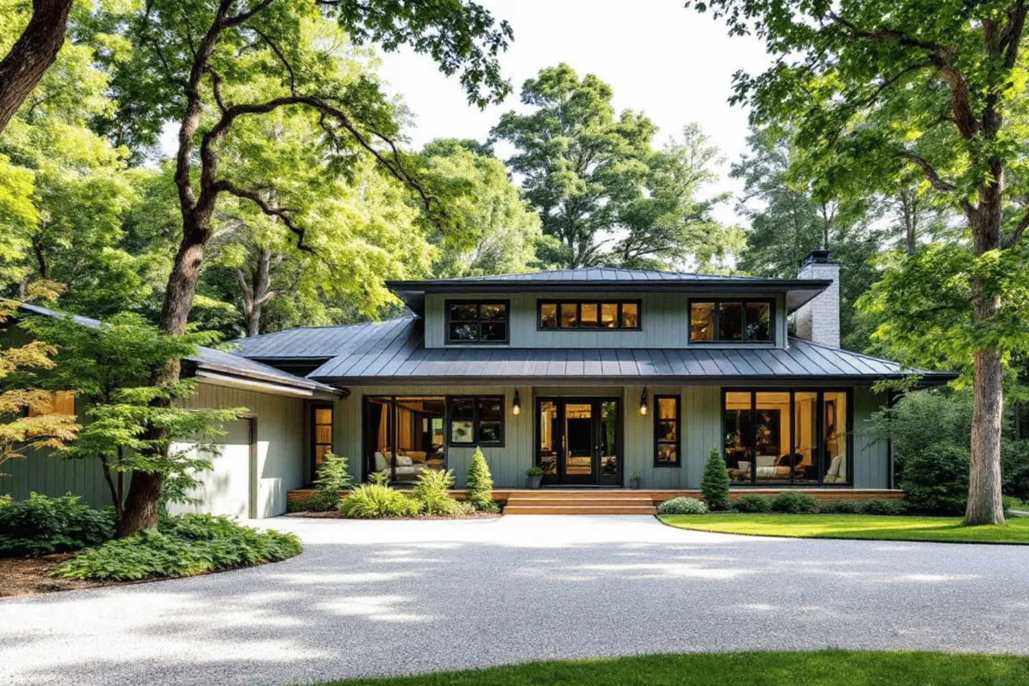 A beautiful home featuring sophisticated sage green vinyl siding is surrounded by mature trees, showcasing a harmonious blend of earthy tones and natural wood accents. The home's exterior exudes curb appeal with its light trim that complements the rich hues of the siding, creating a timeless and inviting atmosphere.