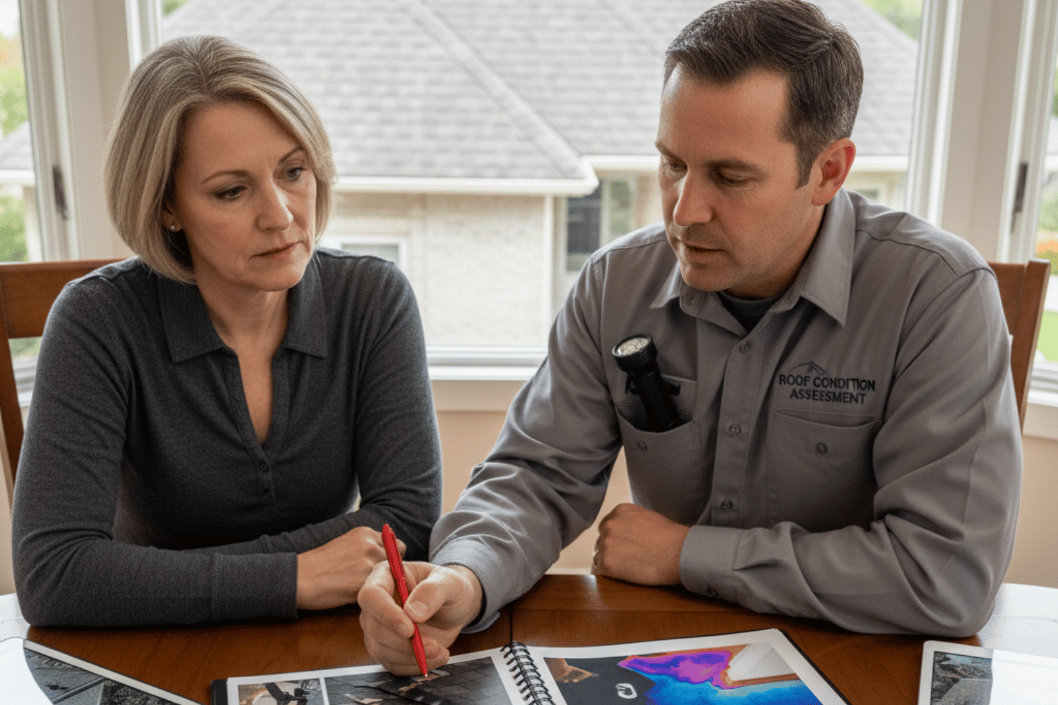 A homeowner is sitting at a table, reviewing a detailed roof inspection report with a professional roof inspector who is pointing out findings related to the roof's condition, including potential problems like missing shingles and roof leaks. This interaction highlights the importance of regular roof inspections to prevent costly repairs and ensure the roof's lifespan is maximized.
