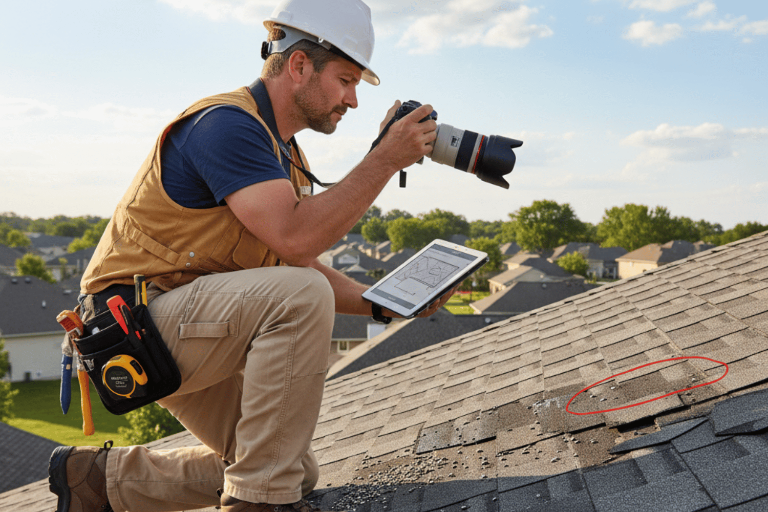 A professional roof inspector, equipped with a camera and measuring tools, is carefully documenting findings during a roof inspection, focusing on visible signs of wear such as missing shingles and potential leaks. This detailed assessment aims to prevent costly repairs and ensure the roof's condition is well-maintained for homeowners.