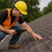 A professional roof inspector, equipped with safety gear, is carefully examining the shingles on a residential roof to assess its condition and identify any potential problems. This thorough roof inspection is crucial for homeowners to prevent costly repairs and ensure the longevity of their roofing materials.
