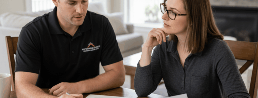 A professional roofer is sitting with a homeowner, reviewing detailed roofing estimates that outline the roof replacement costs, material and labor costs, and project timeline for the roofing job. The documents include important information about roofing materials such as asphalt shingles and metal roofing, helping the homeowner understand the overall cost and payment terms for their new roof.