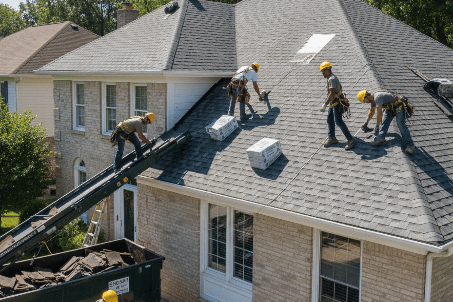 A professional roofing crew is seen installing new asphalt shingles on a residential home, showcasing their expertise in roof replacement. The image highlights the roofing materials being used and the meticulous work involved in the roofing project, emphasizing the importance of hiring skilled roofing contractors for quality installation.