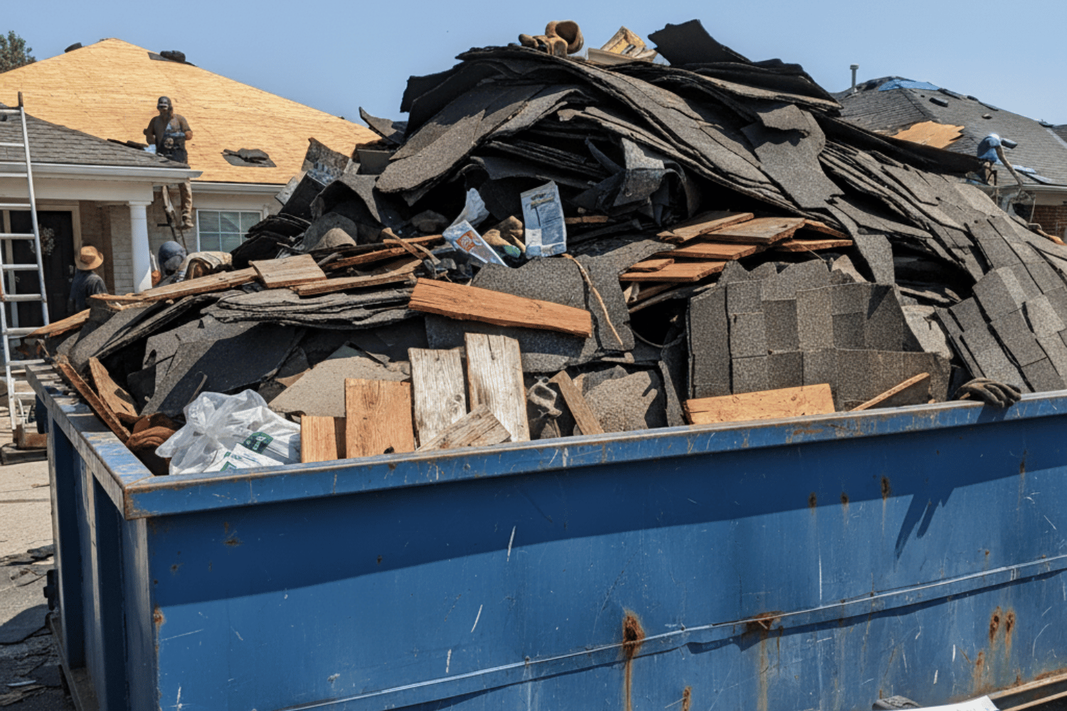 The image depicts a dumpster filled with roofing debris from a roof replacement project, showcasing various roofing materials such as asphalt shingles and wood shingles. This construction debris highlights the labor costs and material costs involved in the roofing job, which is essential for homeowners reviewing their roofing estimates.