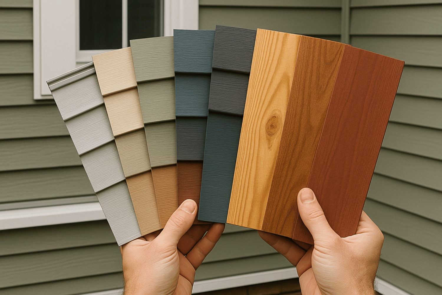 The image showcases a professional color consultation featuring various siding samples, including vinyl siding and natural wood siding, displayed against a home's exterior. The samples highlight a range of earthy tones and accent colors, emphasizing popular siding colors for enhancing the home's curb appeal.