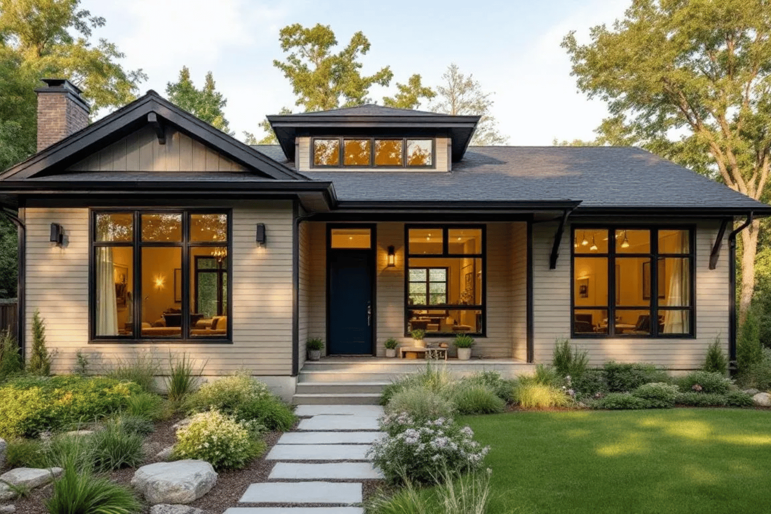 This image features a modern home's exterior showcasing the trending siding colors for 2026, including earthy tones and rich hues like deep blue and forest green. The natural landscaping complements the home's curb appeal, highlighting the use of vinyl and fiber cement siding with light and white trim accents.