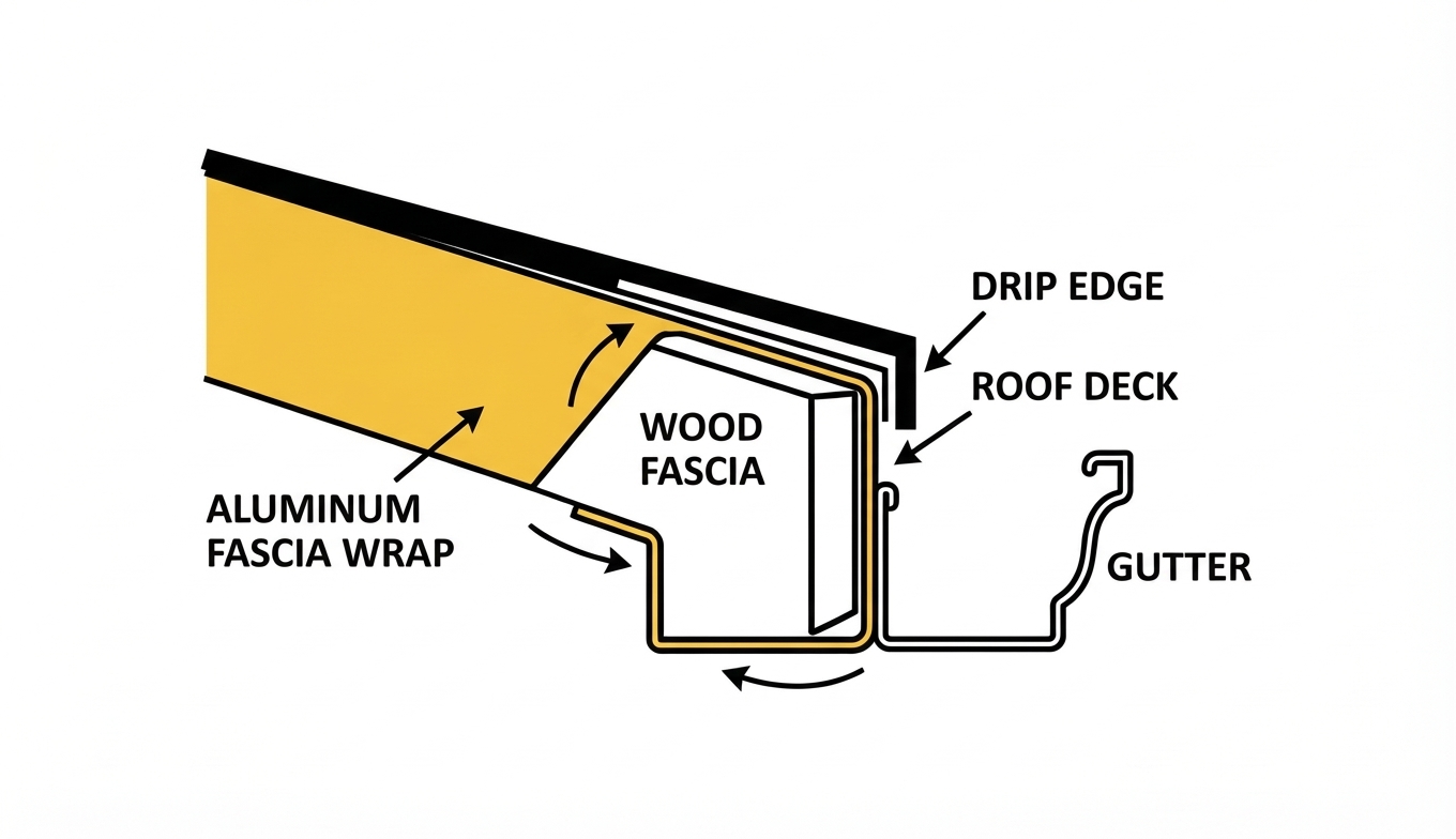 Cross-section diagram showing aluminum fascia wrap installation over wood fascia board with drip edge and gutter attachment