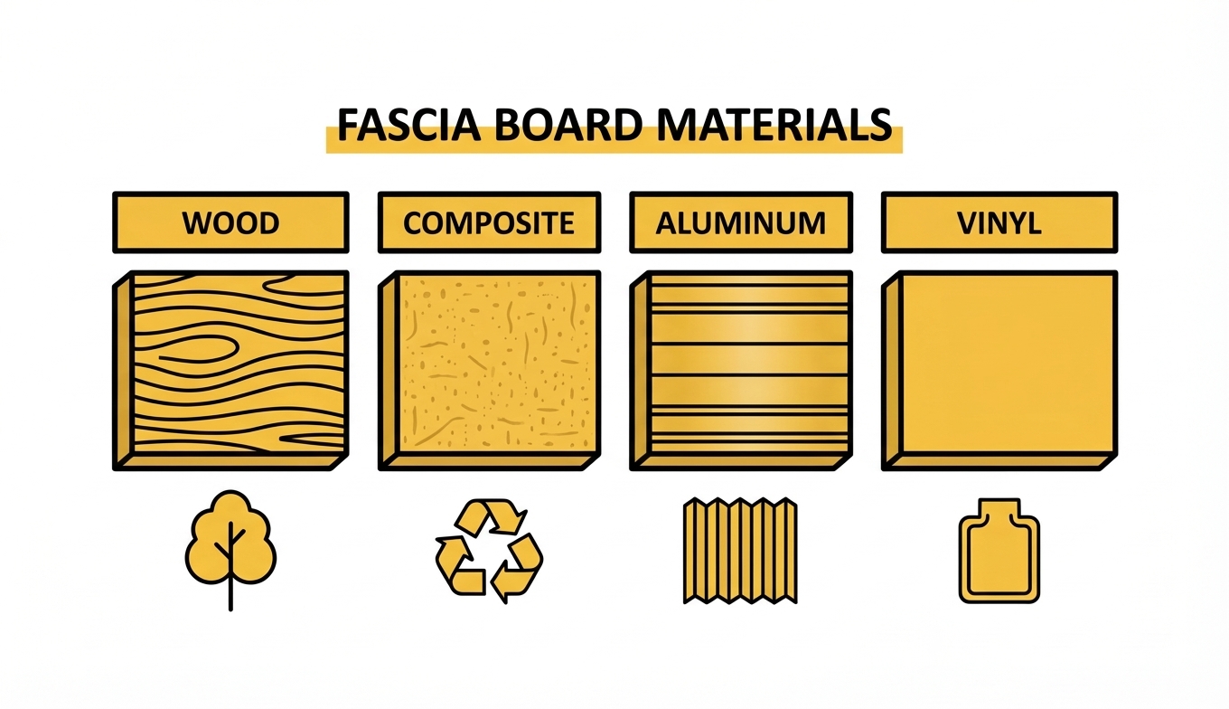 Comparison of four fascia board materials: wood, composite, aluminum, and vinyl side by side