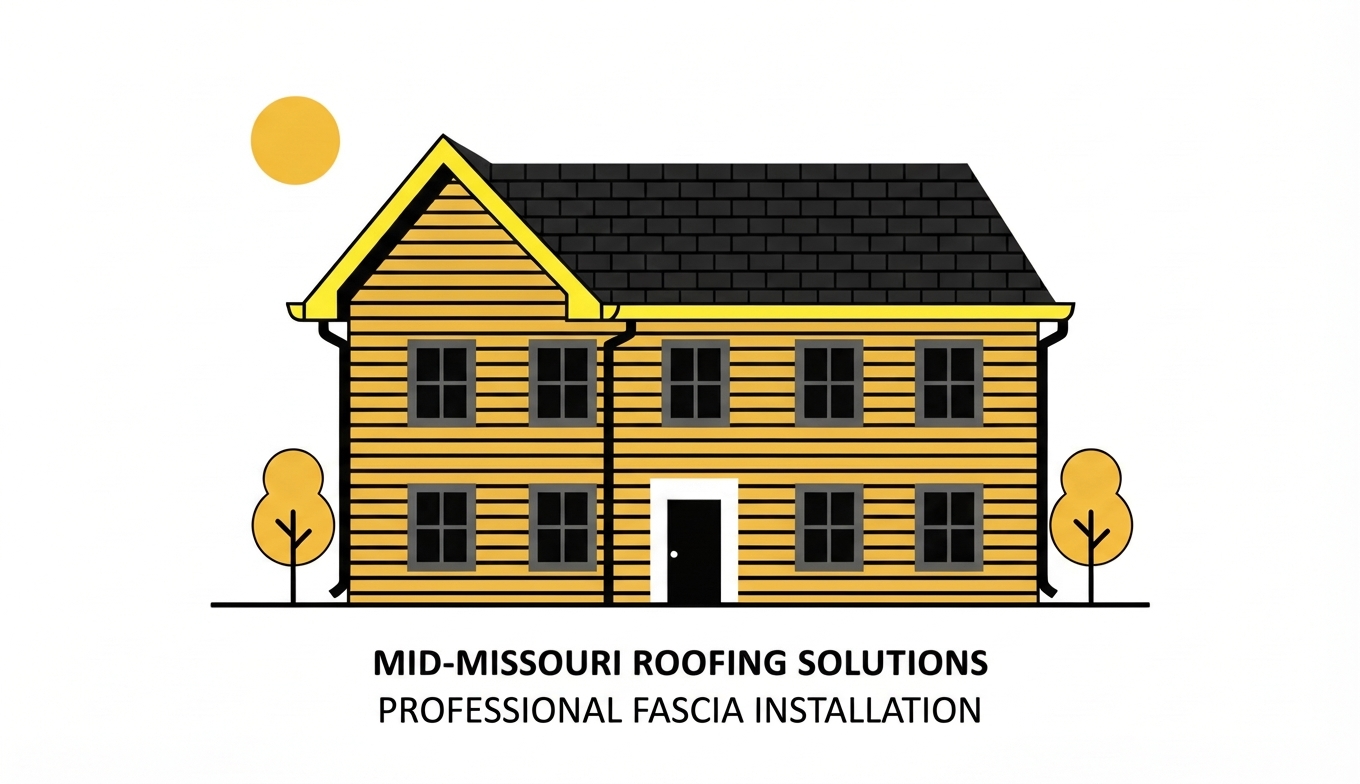 Mid-Missouri home with professional fascia board installation highlighted in yellow showing completed roofline
