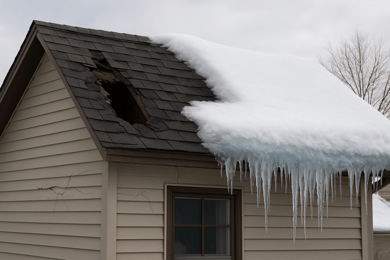 A case study image showing severe roof damage due to freeze thaw cycles and ice dams.