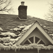 A damaged roof showing signs of shingle damage due to freeze thaw cycles and ice dams.