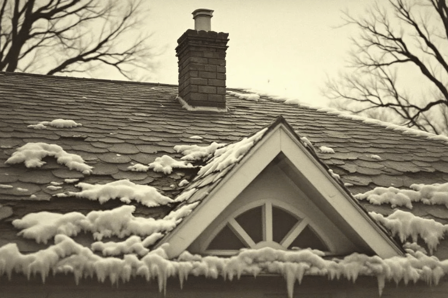 A damaged roof showing signs of shingle damage due to freeze thaw cycles and ice dams.