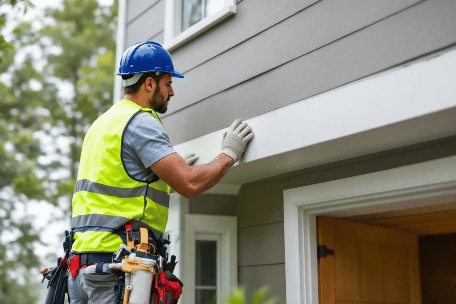 A professional contractor is installing James Hardie fiber cement siding on the exterior of a residential home, showcasing the durability and termite-resistant properties of this material. The siding installation process emphasizes protecting the home from pests and harsh weather conditions while ensuring minimal upkeep for homeowners.