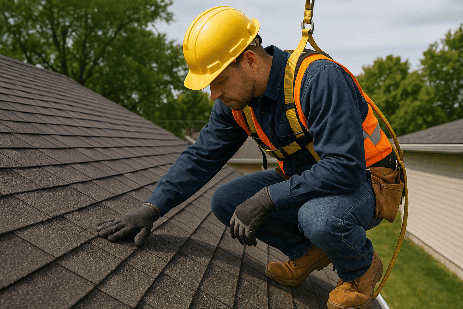 A professional roofer, equipped with safety gear, is conducting a thorough roof inspection to identify soft spots, which can indicate underlying issues like water damage or mold growth. The inspection aims to assess the structural integrity of the roofing system and provide recommendations for necessary repairs or potential roof replacement.
