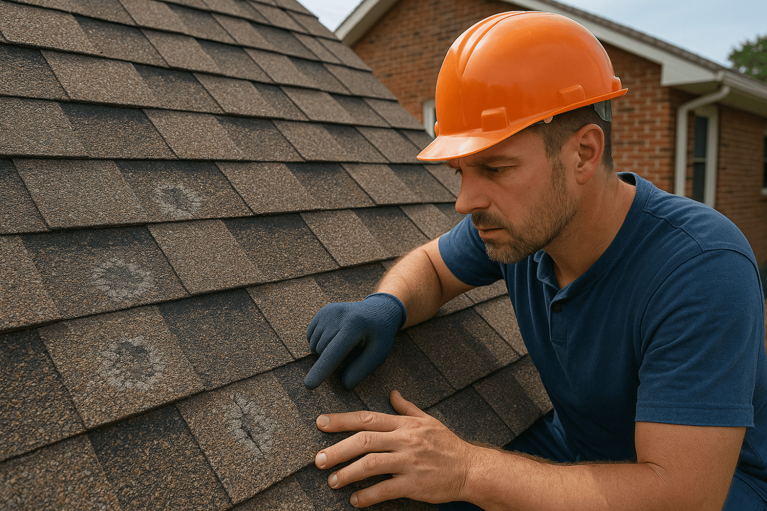 A professional roofer is inspecting damaged asphalt shingles on a Missouri home after a recent hailstorm, assessing the extent of hail damage for potential repairs or roof replacement. The roofer examines the shingles for granule loss and cracking, highlighting the importance of using impact resistant shingles for better protection against severe weather.