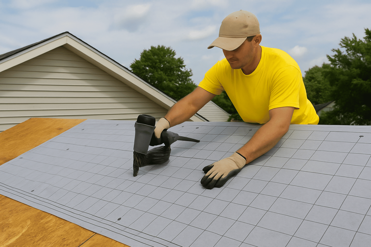 A professional roofer is installing synthetic underlayment on a residential roof deck, ensuring a protective layer that enhances the roof system's moisture resistance and durability against Missouri weather